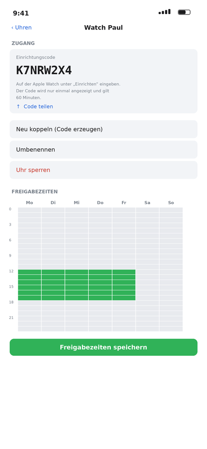 Detailansicht mit Einrichtungscode und Wochenraster